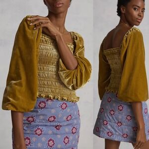 Anthropologie Velvet Puff Sleeve Smocked Gold Top Womens Size Medium Boho Party